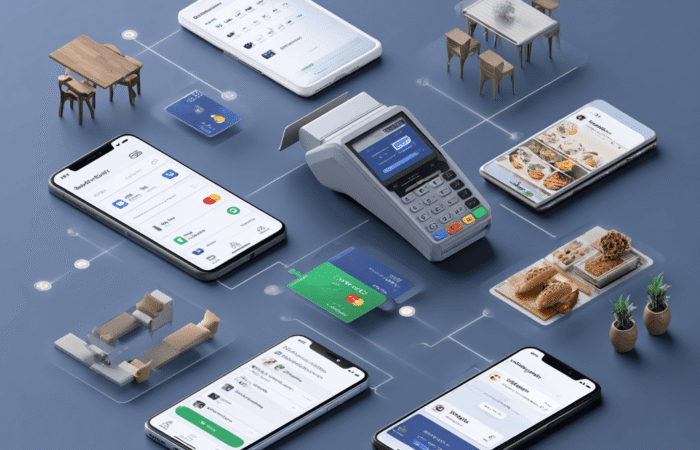 Integrated POS system showing card reader, smartphones, and connected retail apps for payment and sales management.