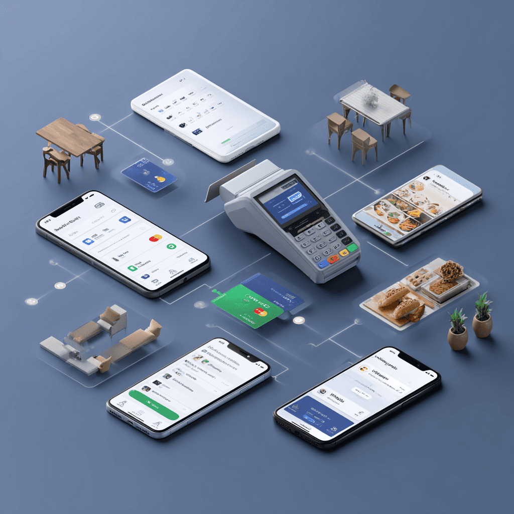 Integrated POS system showing card reader, smartphones, and connected retail apps for payment and sales management.
