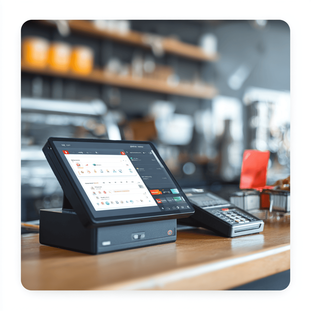 Touchscreen POS device on a café counter with integrated payment terminal for orders and transactions.