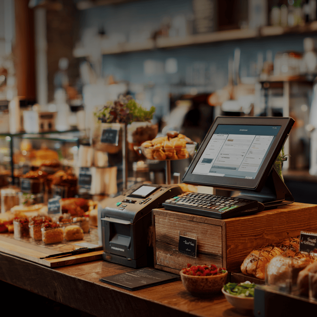 Bakery counter with integrated POS system, touchscreen display, and payment terminal managing food sales.