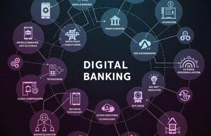 Digital banking ecosystem infographic showing interconnected circular nodes with banking services including mobile banking, online banking, cloud computing, big data analytics, and cybersecurity on a dark gradient background