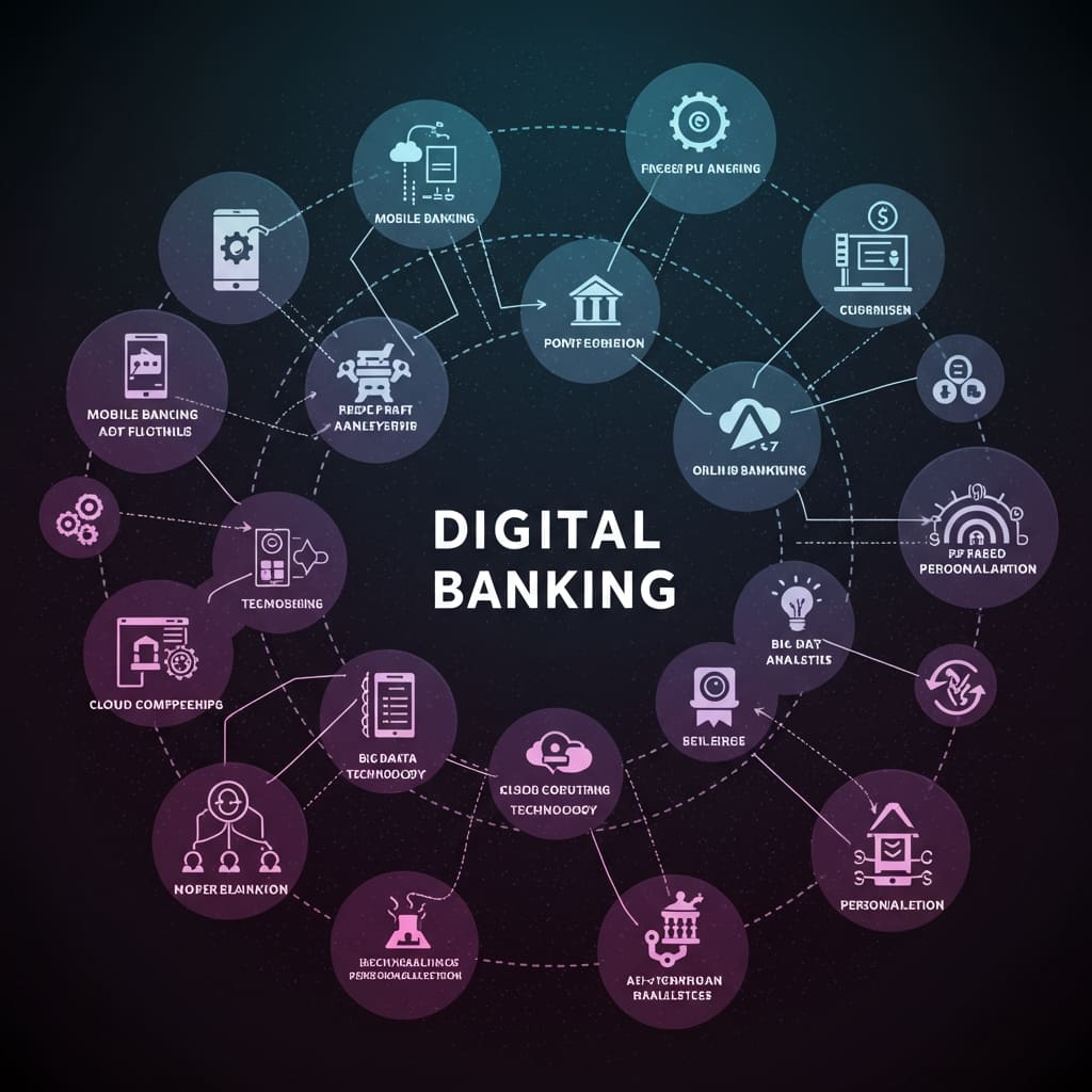 Digital banking ecosystem infographic showing interconnected circular nodes with banking services including mobile banking, online banking, cloud computing, big data analytics, and cybersecurity on a dark gradient background